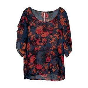 Miraclesuit Swim Coverup M Sheer Kimono Navy Red Floral Abstract Print Beach
